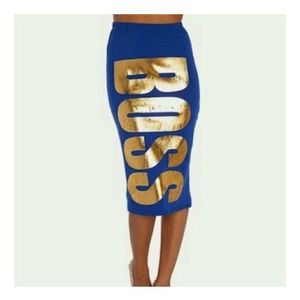 Blue knee length pencil skirt Gold metallic letter